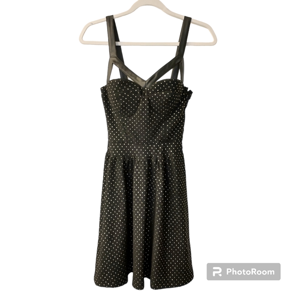 Women's Sans Souci Black Gold Foil Leather Cut Out Fit and Flare Dress Small